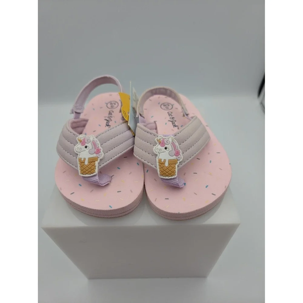 Cat & Jack Girls Shoe Size 5/6 S Pink Unicorn Sprinkles Flip Flops Sandals